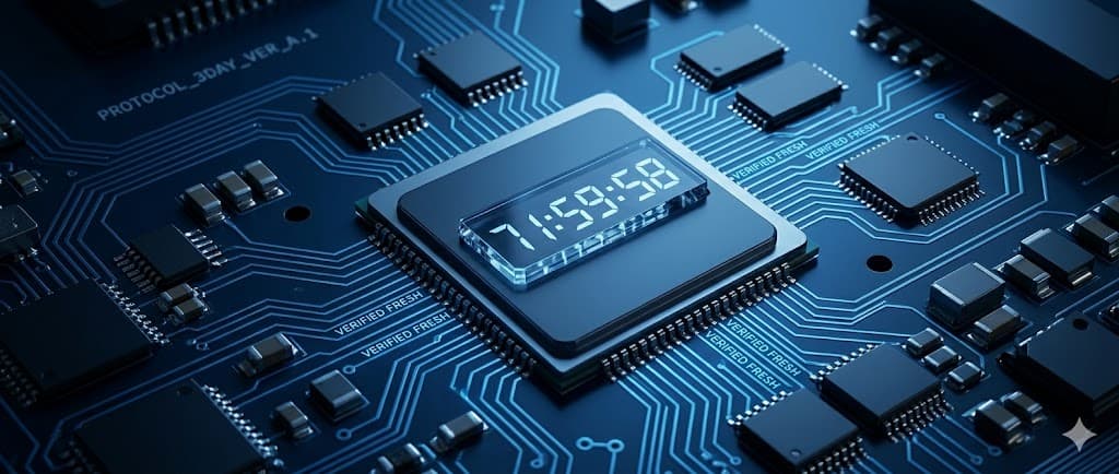 Futuristic circuit board with digital timer and Verified Fresh labels representing CAR:estify real-time data precision and 72-hour freshness protocol for Canadian car valuations