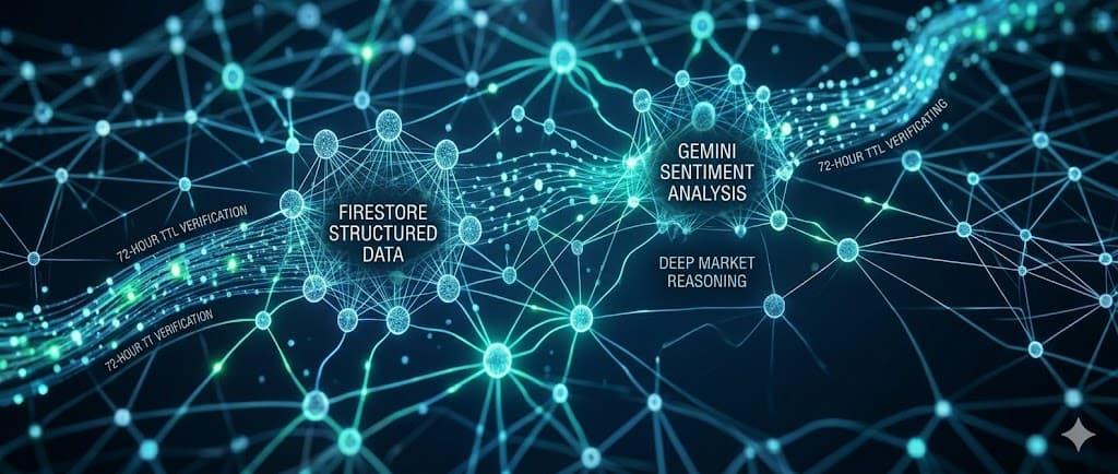 CAR:estify data network diagram showing Firestore structured data, Gemini sentiment analysis, deep market reasoning, and 72-hour TTL verification for Canadian used-car valuation infrastructure