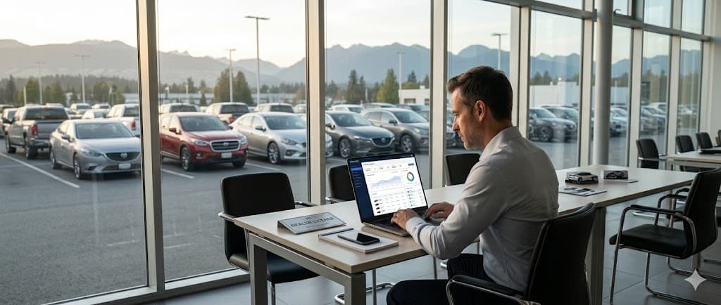 Professional analyzing real-time Canadian car market data and regional valuations on a dashboard inside a modern dealership showroom with mountains in the background for CAR:estify