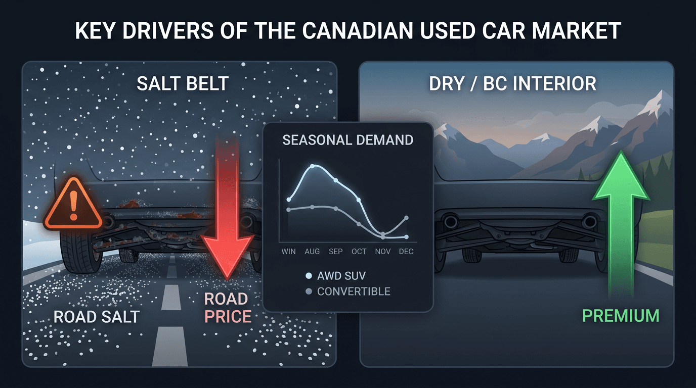 Canadian used-car depreciation ecosystem chart comparing salt belt corrosion discount versus dry interior BC premium with winter AWD demand spike and convertible seasonal demand dip