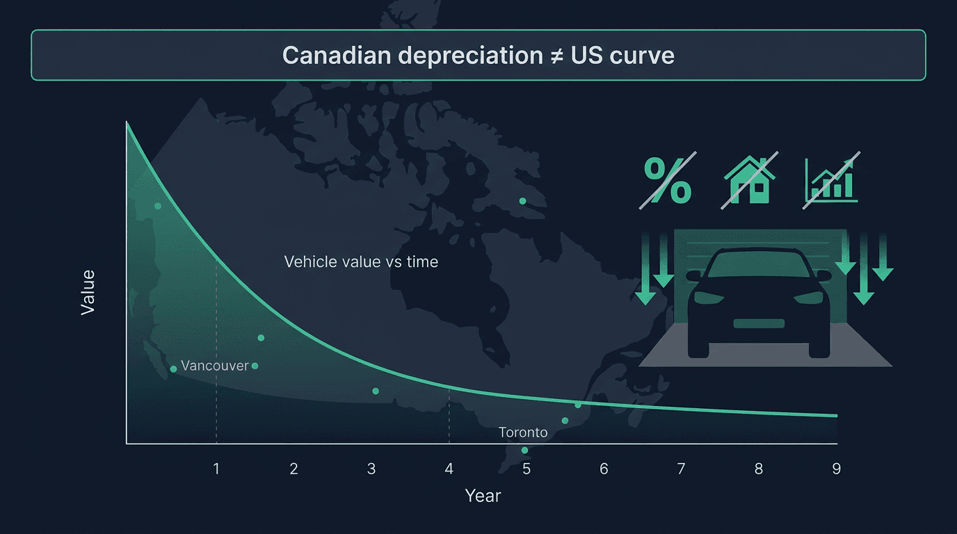 Canadian automotive macro-economic depreciation infographic with exponential value decay curve and geography versus United States market assumptions for vehicle asset lifecycle
