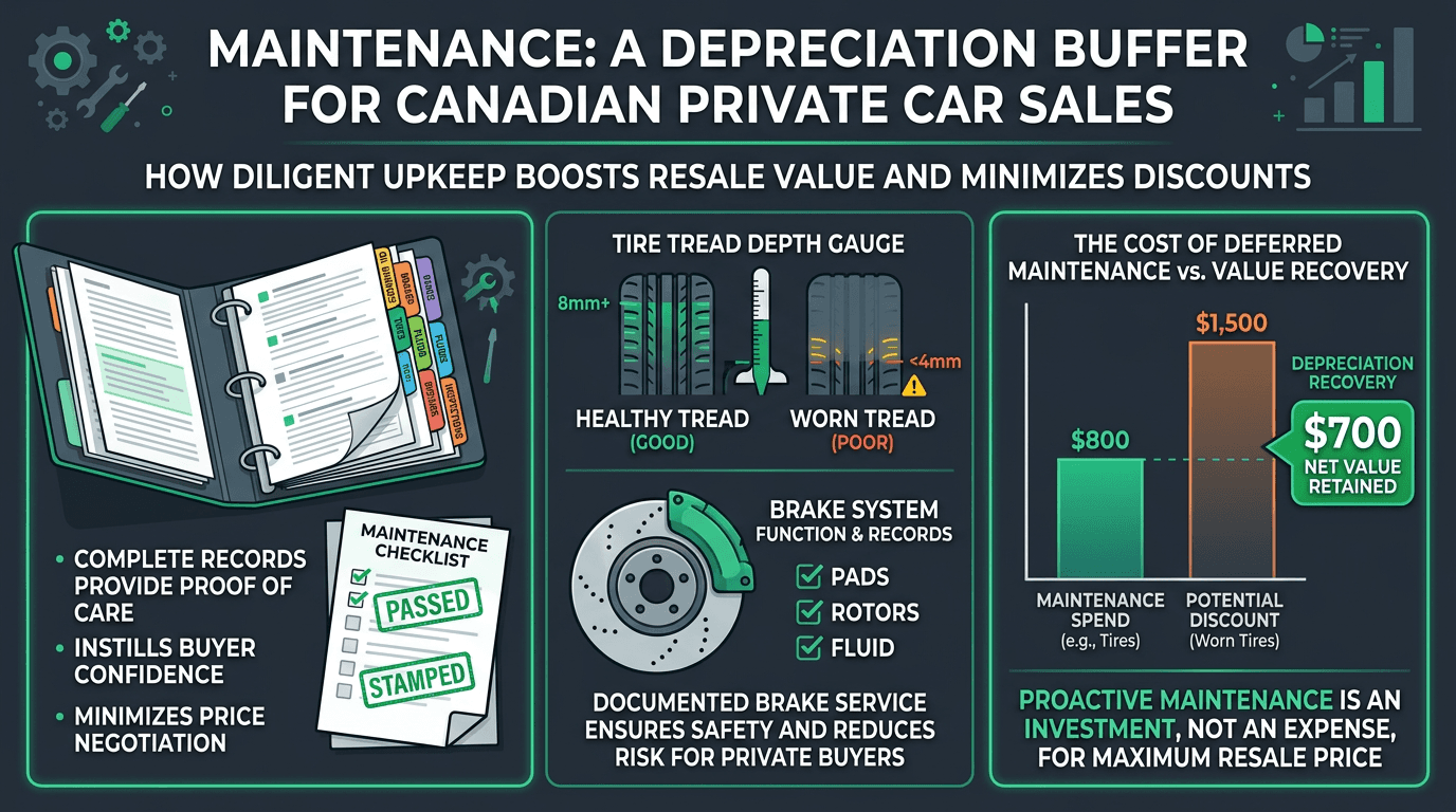CAR:estify Canadian used-car maintenance buffer infographic with organized service history binder tire tread and brake consumables spend versus buyer discount negotiation and depreciation recovery