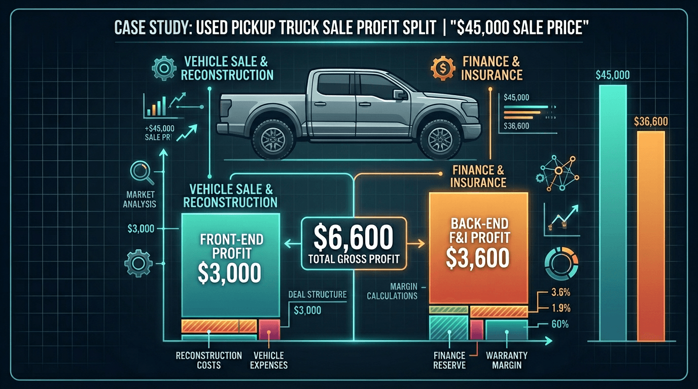 Case study chart for forty five thousand dollar Canadian used truck comparing three thousand front-end gross to thirty six hundred F and I back-end profit and sixty six hundred total dealership gross on one deal