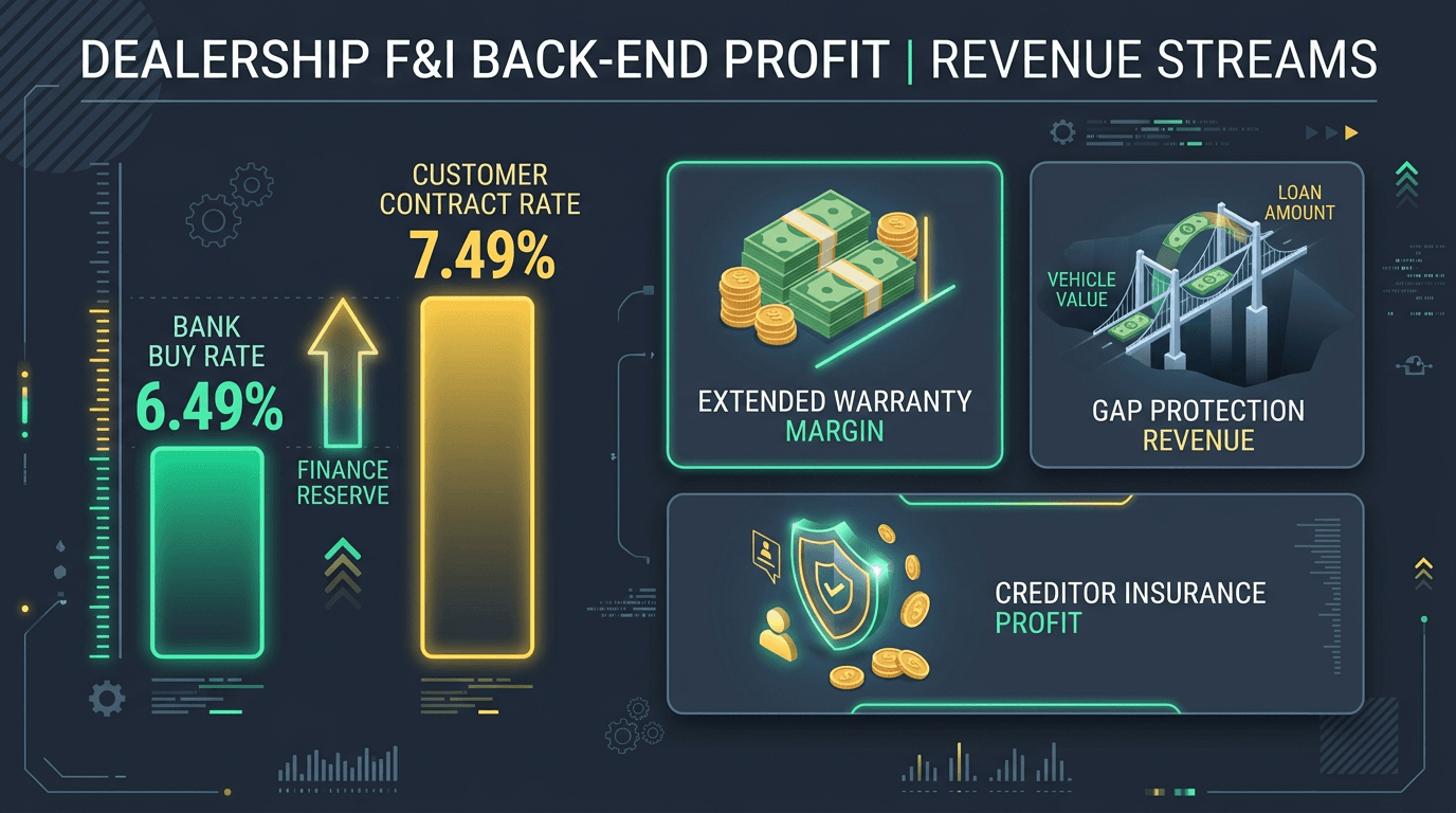 Dealership finance and insurance back-end profit diagram with lender buy rate versus customer contract rate creating finance reserve plus extended warranty GAP and creditor insurance ancillary margin tiles