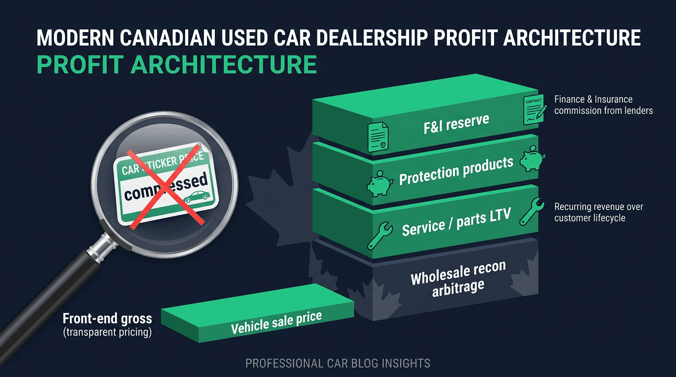 Modern Canadian used car dealership profit stack infographic showing compressed front-end gross under price transparency plus F and I reserve protection products service absorption and reconditioning arbitrage buckets
