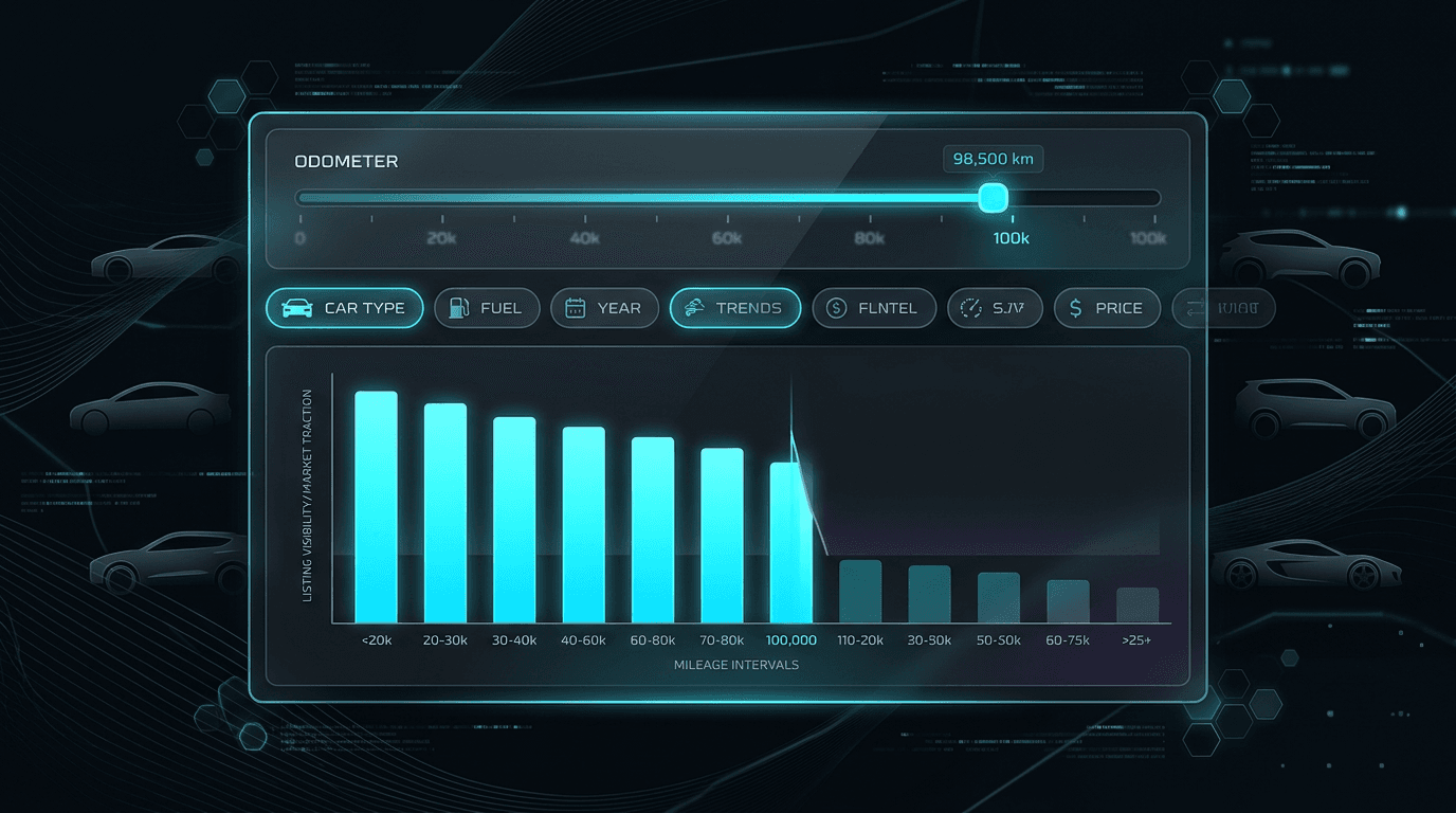 CAR:estify Canadian marketplace odometer filter cliff at 100000 km visualization showing listing visibility drop after six figure mileage for used car depreciation