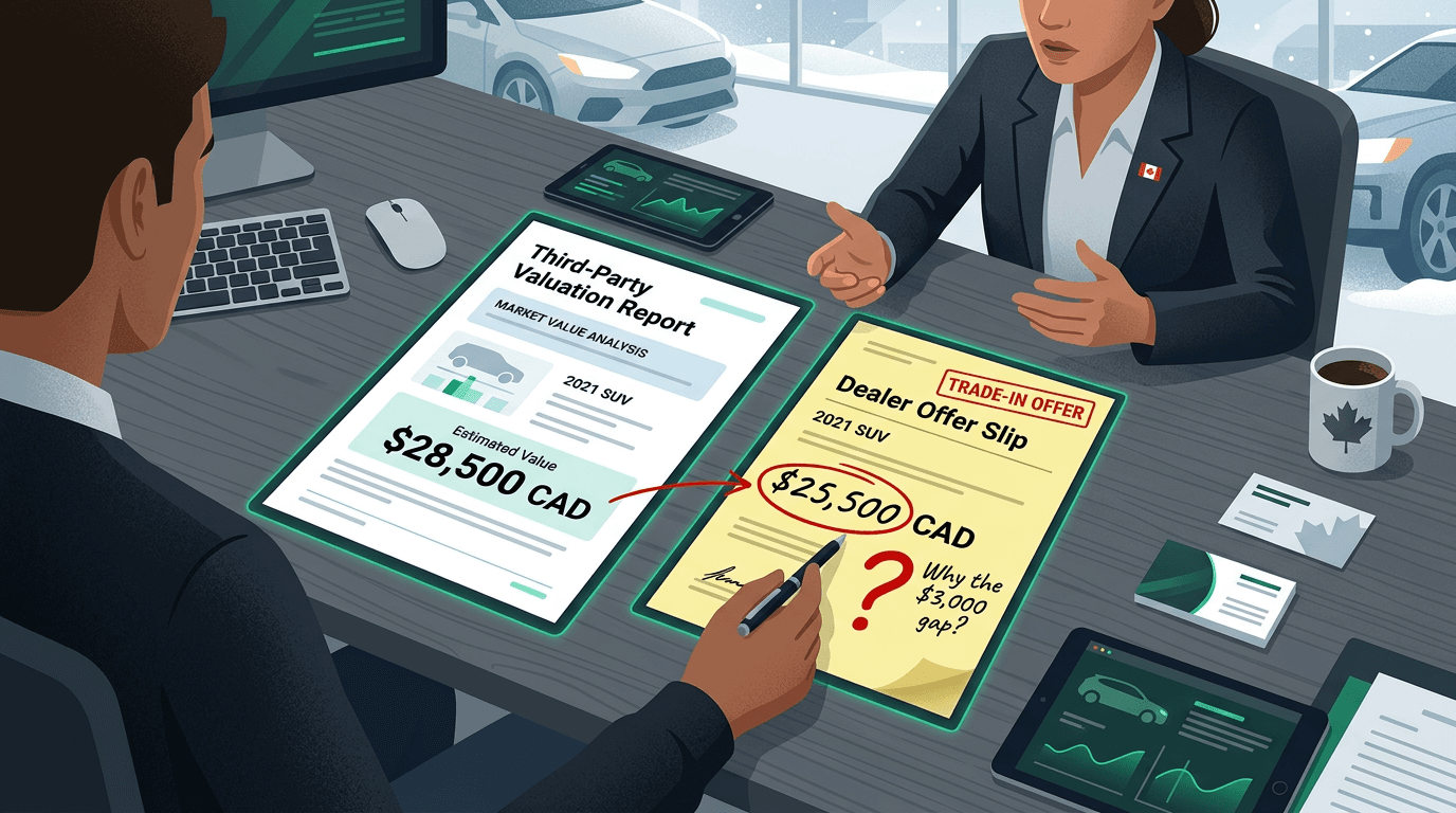 Canadian dealership trade-in negotiation tactic placing CAR:estify valuation report beside low wholesale offer to challenge three thousand dollar discrepancy with real-time auction retail comps