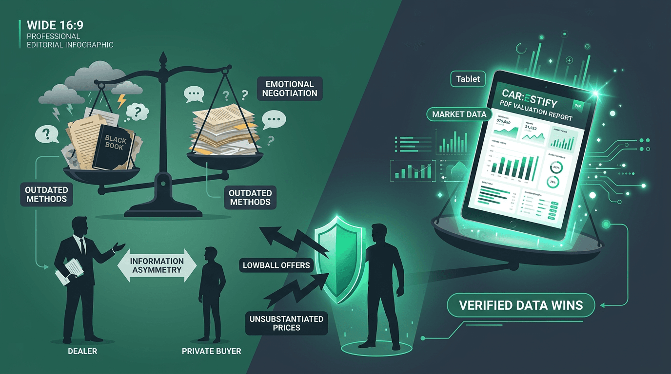 CAR:estify valuation report as Canadian automotive negotiation weapon infographic showing information asymmetry versus black book feelings and verified market data anchor for dealer Vancouver or Toronto private sale authority