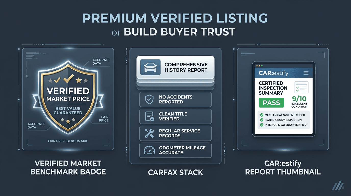Kijiji and Facebook Marketplace listing strategy graphic with CAR:estify verified market benchmark badge Carfax transparency stack and professional seller headline mockup for Canadian private car sale trust
