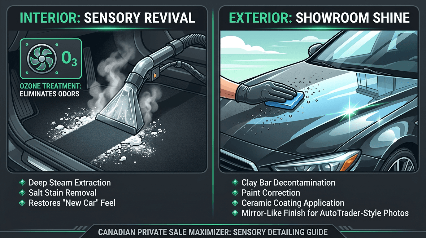 Canadian private sale sensory detailing guide illustration for interior salt extraction hot water extraction ozone odor neutralization and exterior clay bar ceramic gloss for AutoTrader Facebook Marketplace resale photos