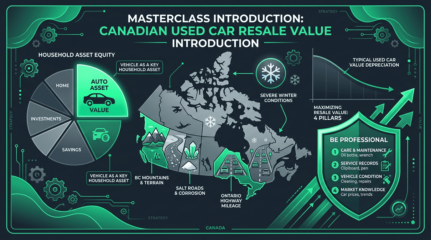 Canadian used car resale value masterclass infographic showing vehicle as household net worth asset value lifecycle threats across Maritimes salt belt Ontario highways and BC mountains plus Be Professional four pillar framework