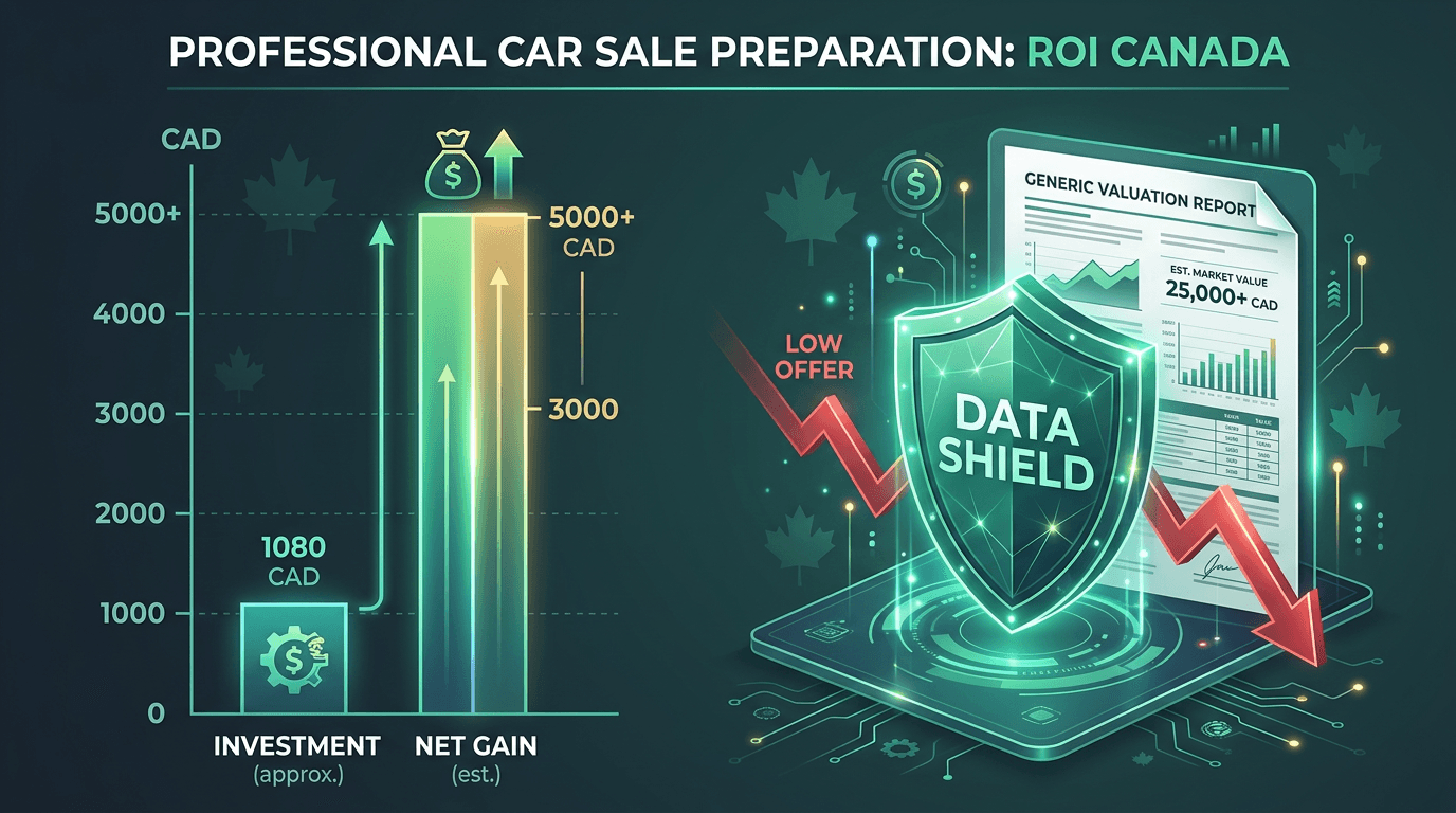 Canadian used car Be Professional ROI chart comparing one thousand eighty dollar prep investment to four thousand two hundred to five thousand two hundred fifty dollar resale uplift plus CAR:estify valuation report data shield against lowball offers