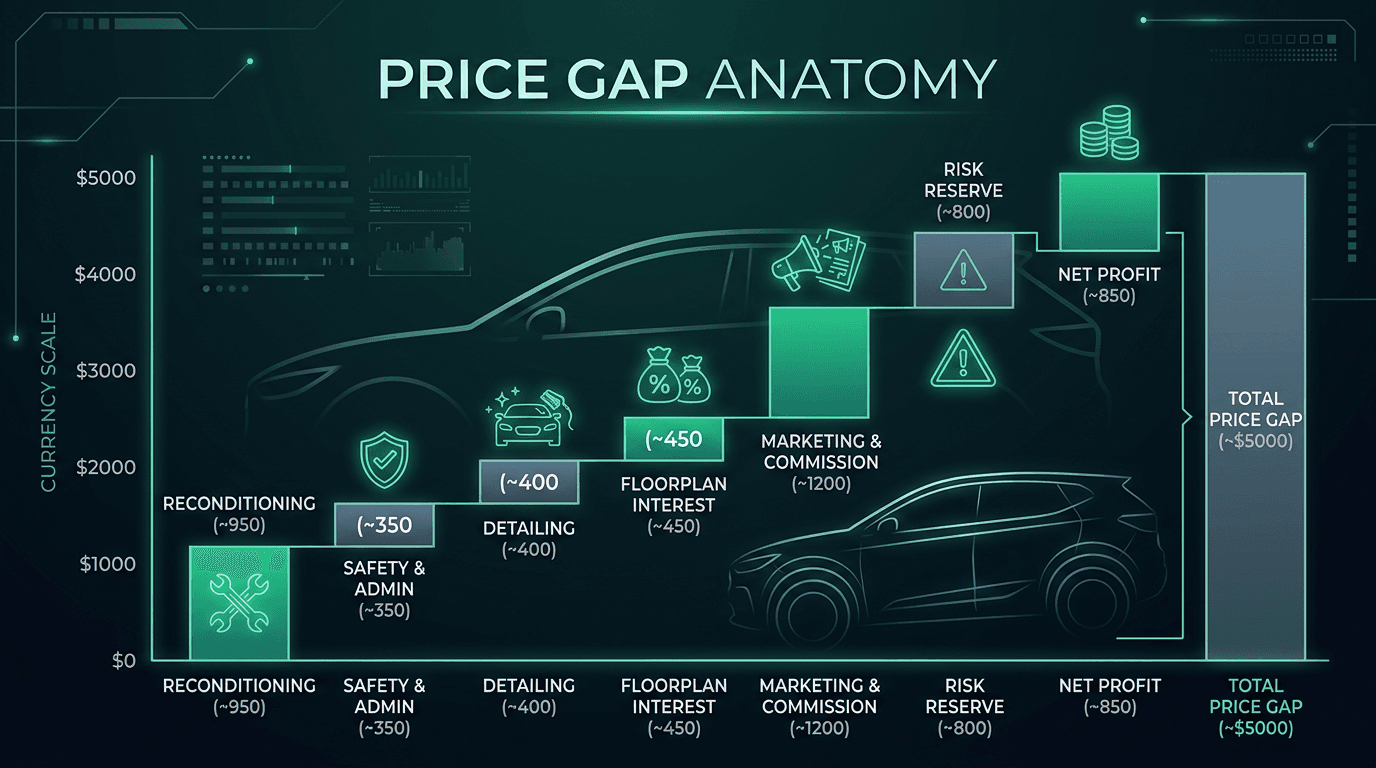 Case study style dealer retail versus private sale five thousand dollar price gap waterfall chart showing reconditioning safety admin detailing floorplan marketing commission risk reserve and smaller net dealer profit slice