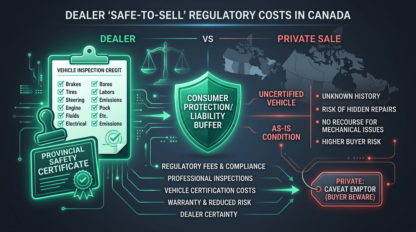Canadian dealer safe-to-sell standard infographic with multi-point safety inspection certificate admin cost and consumer protection liability shield versus private caveat emptor risk premium in retail margin