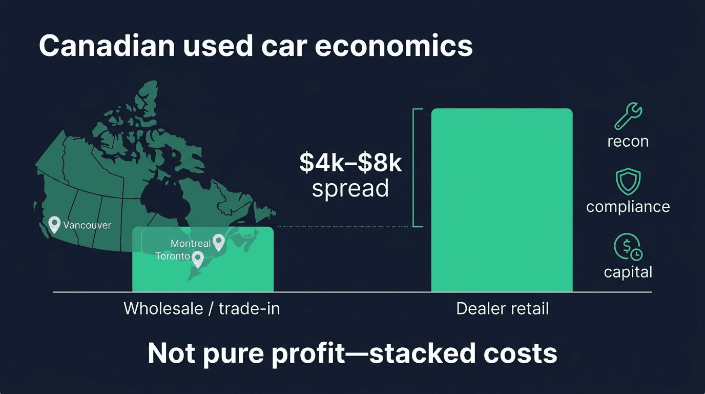 Canadian dealer wholesale trade-in versus dealer retail price gap chart for Vancouver Toronto Montreal showing four to eight thousand spread with reconditioning compliance and capital cost stack not pure profit
