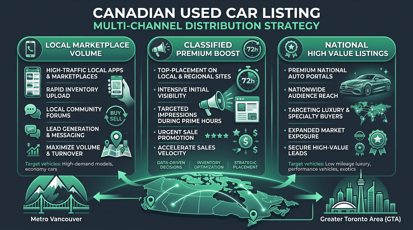 Canadian used car multi-platform self-marketing strategy graphic for Facebook Marketplace local volume Kijiji premium highlight first seventy two hours and national high value classified listings Metro Vancouver GTA exposure