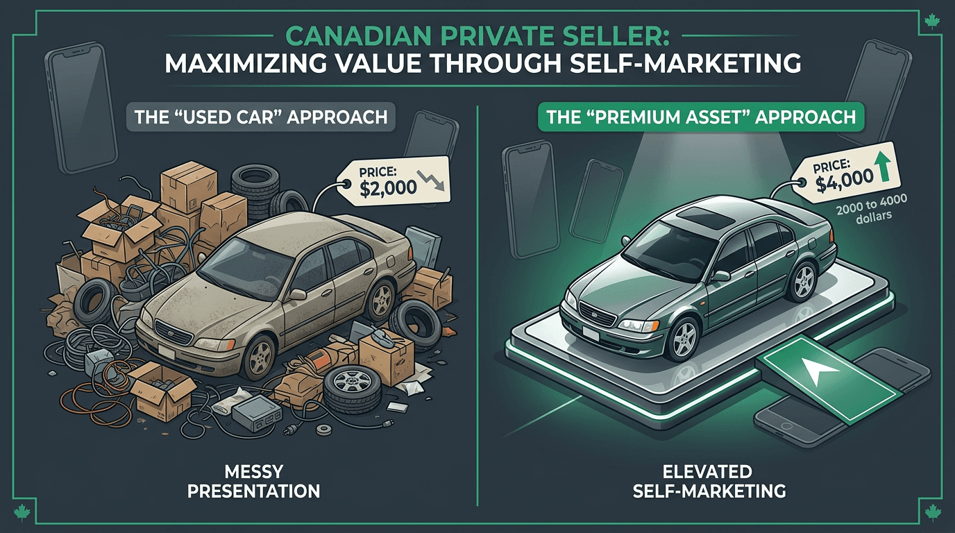 Canadian Kijiji and Facebook Marketplace self-marketing infographic contrasting used goods listing versus curated premium private sale product positioning for two thousand to four thousand dollar higher asking price strategy