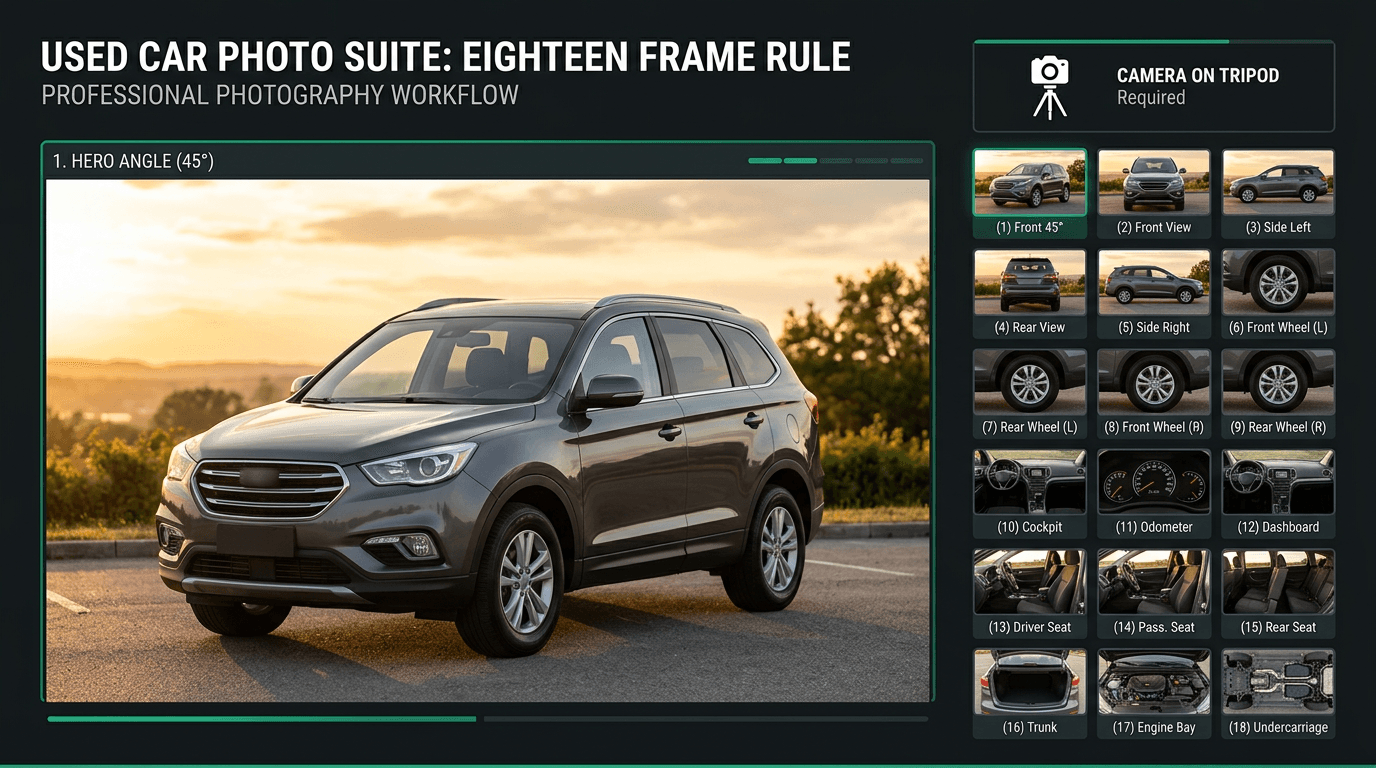 Canadian private sale eighteen frame photo rule diagram for Kijiji and Facebook Marketplace listings with golden hour forty five degree hero shots full perimeter cockpit and engine bay used car storefront photography