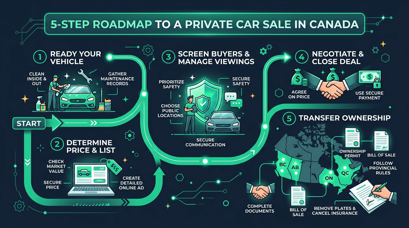 Canada private car sale five step roadmap infographic with provincial ownership transfer rulebook nodes for BC Ontario Quebec Alberta plus bill of sale and registration document icons