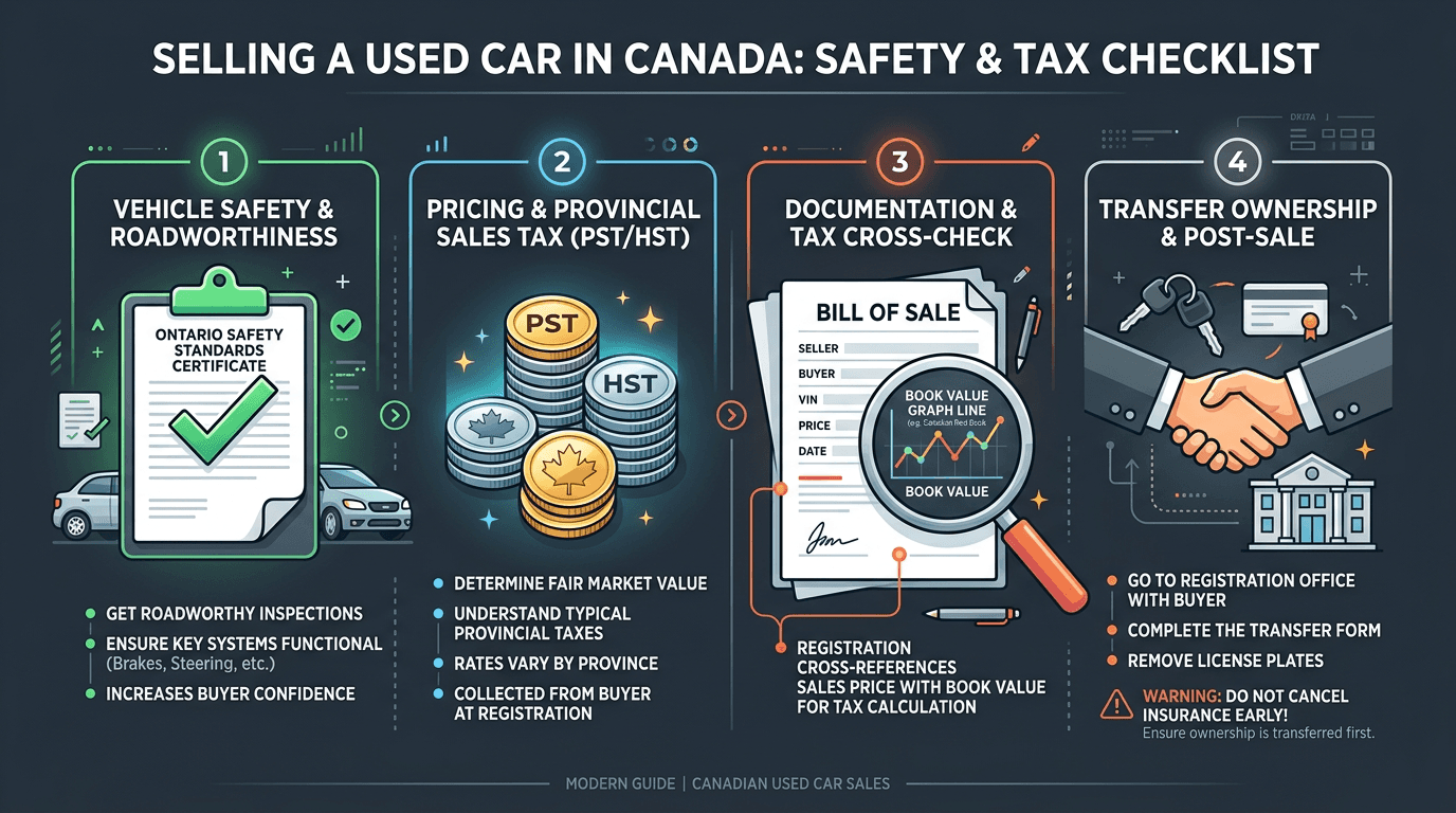 Canadian private used car sale safety certificate and sales tax checklist showing Ontario SSC concept PST HST at registry and bill of sale versus book value tax cross-check for sellers