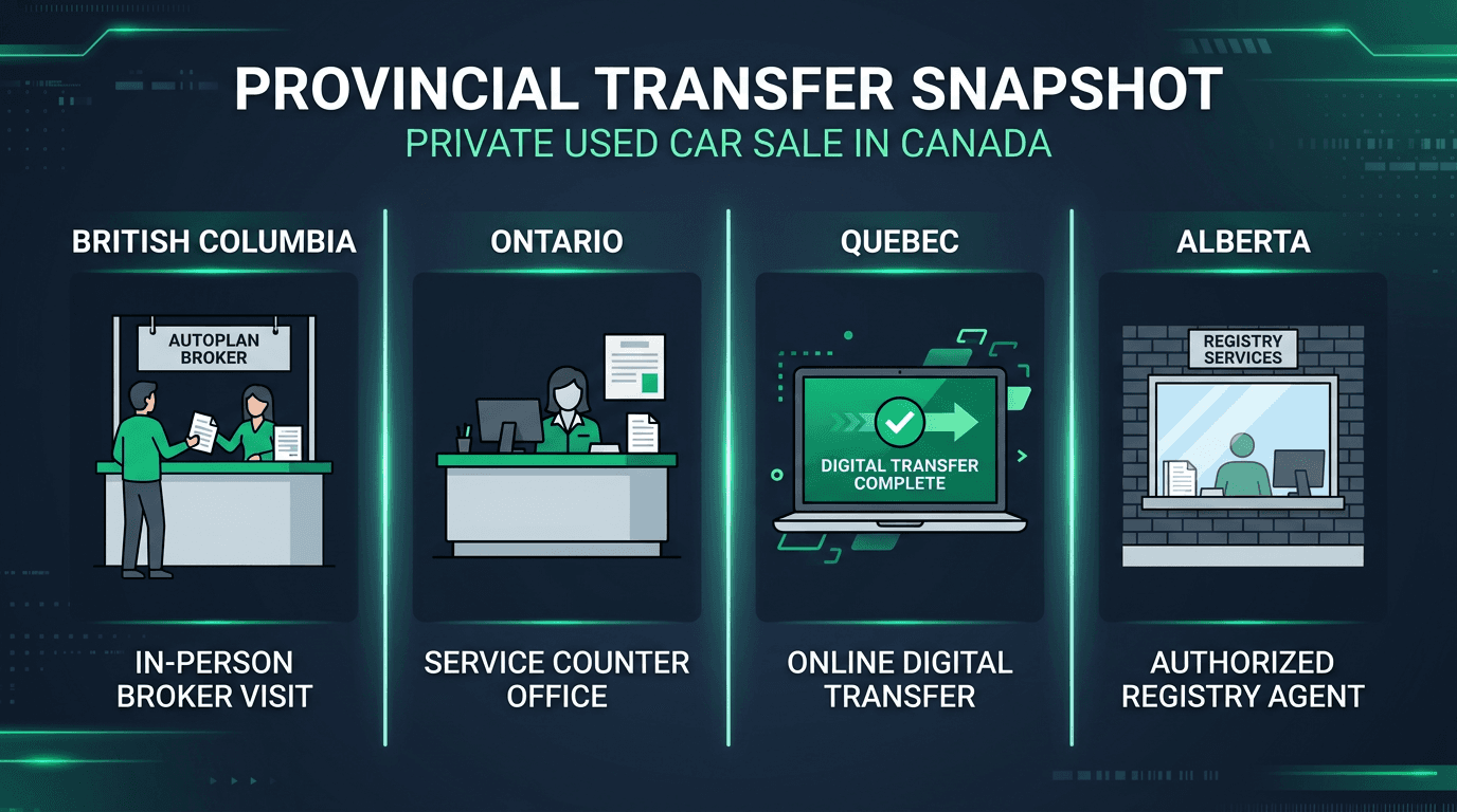 Canadian provincial used vehicle transfer comparison graphic for BC Autoplan broker Ontario counter Quebec digital transfer and Alberta registry agent private sale workflows